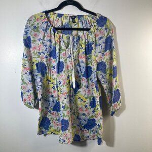 Womens Chaps Denim Boho Floral Top 3/4/Sleeve Tie Neck White Blue M